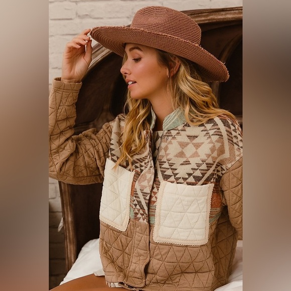 Anthropologie Jackets & Blazers - Tan Mixed Aztec Tribal Raw Hem Puffer stitch cotton Quilted Zip Jacket coat